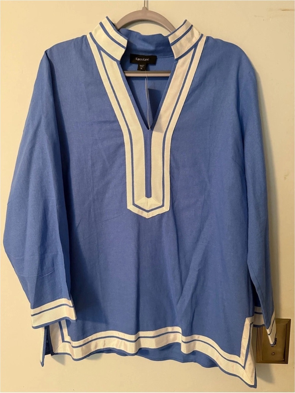 Karen Kane Blue Tunic Shirt with White Trim